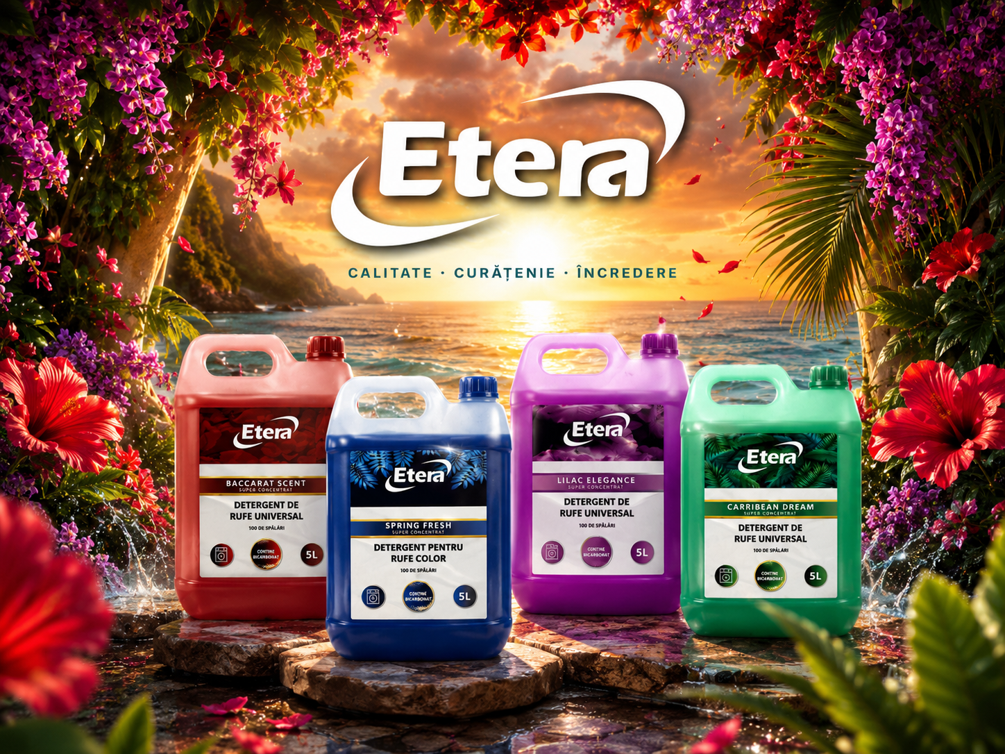 Gama de detergenți Etera 5L — Baccarat Scent, Spring Fresh, Lilac Elegance și Caribbean Dream